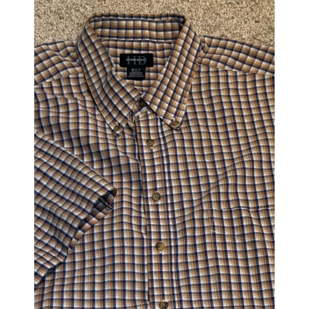 Harbor Bay Button Down Shirt Mens 3XLT Tan Blue Plaid Short Sleeve Chest Pocket